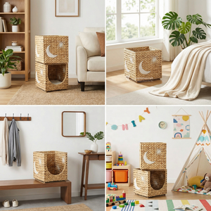 Cesta de Almacenamiento Tejida a Mano de Jacinto de Agua, de un Solo Nivel, Apilable, con Bordado de Sol y Luna, Ecológica, para Cama de Mascotas y Contenedor de Juguetes - Product Image 5