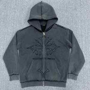 Sudadera con capucha para hombre, estilo vintage, con cremallera, lavado desgastado, informal, holgada, de algodón y forro polar - Product Image 5