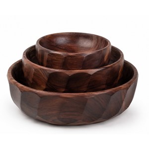 Juego de 3 Tazones Rectangulares Facetados de Madera de Sheesham Hechos a Mano, Diseño Abstracto, para Servir, para Bodas y Diwali |   Aqudus - Product Image 1
