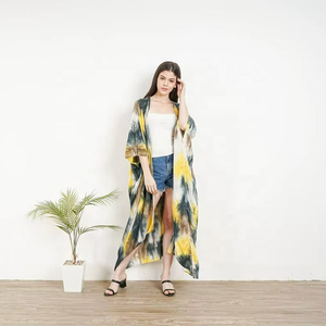 Kimono de mujer estilo bohemio tie-dye, el más vendido, cárdigan largo de verano con bolsillos delanteros abiertos, cintura natural, teñido liso, estilo dulce - Product Image 1