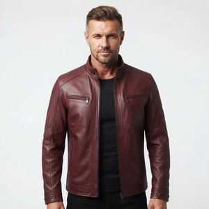 Chaqueta de cuero genuino para hombre, estilo motociclista, con cuello alto, cierre de cremallera, bolsillos en el pecho, para otoño, chaqueta de cuero para carreras. - Product Image 3