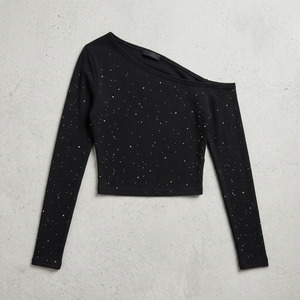 High Quality <b>Black</b> Scattered Rhinestone Off Shoulder Crop Long Sleeve women's shirt Custom <b>Sparkly</b> Party <b>Top</b> Asymmetrical Neck - Product Image 4