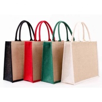 Vente en gros Sacs fourre-tout en jute de couleur unie avec doublure en coton Fermeture à glissière ouverte Sacs à provisions à bas prix