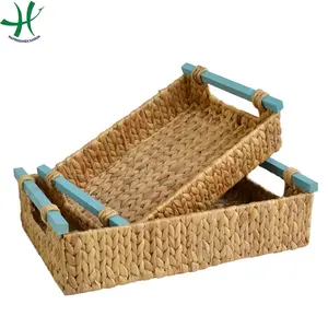 Cesta de água retangular, cesta de hiacinth, cesta de drenagem com alças de madeira cortadas, porca de arroz tecelagem