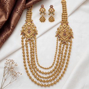 Ensemble de collier long traditionnel plaqué or, bijoux de mariée artificiels mats pour femmes avec boucles d'oreilles Jhumka - Product Image 4