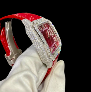 Wholesale Price Red Color Dial With Roman Numerals <b>Square</b> Moissanite Diamond Bezel Case Leather Band Fashion Unisex Fancy <b>Watch</b> - Product Image 3