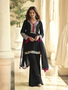 Costume prêt-à-porter en soie Vichitra noire Dhwaja Export avec broderie au fil - Product Image 1
