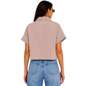 Camisa corta a rayas marrón y blanca personalizada para mujer, con logotipo bordado personalizado, manga corta, abotonada, informal, blusa de verano, OEM - Product Image 2