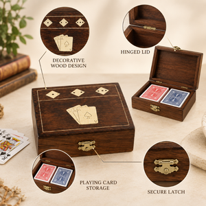 Boîte en bois pour cartes à jouer et dés avec couvercle à charnière et loquet sécurisé |   Organisateur de rangement décoratif pour jeux de cartes, pour salle de jeux de table - Product Image 5