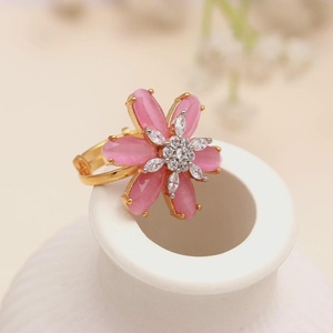 Rose Quartz Flower <b>Ring</b> <b>Gold</b> Plated Pink Crystal Floral Statement <b>Cocktail</b> <b>Ring</b> Handmade Jewelry Wholesale Price - Product Image 2