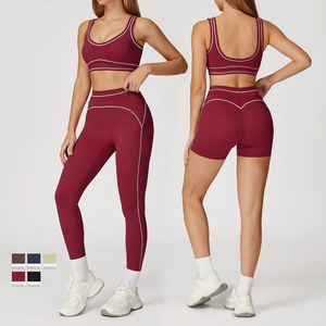 Women Solid Color Seamless Full Length Sports <b>Leggings</b> With Contrast Stitch <b>Maroon</b> Breathable Gym Wear - Product Image 6