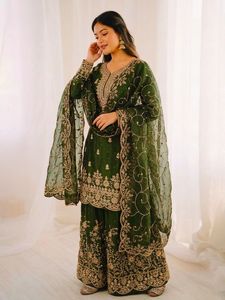 Conjunto de Kurti, Palazzo y Dupatta de Seda Bordada GMY, Mangas Largas, Listo para Usar, Ropa Festiva para Bodas, para Mujeres y Niñas - Product Image 5