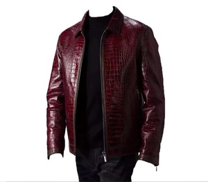 Veste en cuir pour homme, rouge, effet croco, style motard, fermeture éclair sur le devant, col rabattu, mode automne - Product Image 2