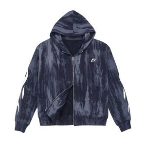 Sweat-shirt à capuche zippé en molleton épais de coton bleu marine à effet marbré pour homme, coupe oversize à épaules tombantes, style streetwear, vente en gros - Product Image 1