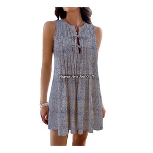 Prix abordables, vêtements de plage pour femmes, mode bohème, robe courte sans manches, haut à imprimé en bloc, mode gitane, haut à imprimé à la main - Product Image 6