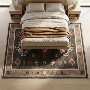 Tapis décoratif en laine noué à la main marron et beige, motif géométrique tribal traditionnel, pour salon, maison, hôtel - Product Image 2