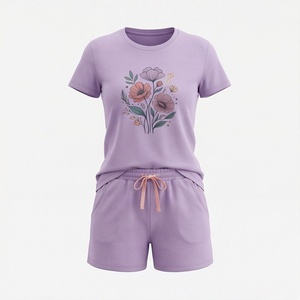 Ensemble 2 pièces pour femmes, t-shirt à manches courtes et short imprimé floral, col rond, au-dessus du genou, vêtements décontractés, printemps été, couleur lavande - Product Image 1