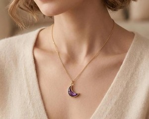 Handmade Platinum Bezel Setting Crescent <b>Moon</b> Amethyst Necklace Natural Purple Gemstone Pendant Minimalist Wedding <b>Crystal</b> - Product Image 3