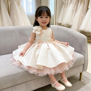 Robe de Princesse de Luxe Régale en Satin Ivoire avec Fleurs 3D et Perles, Robe de Soirée Formelle pour Filles, Tenue d'Occasion pour Enfants, Personnalisable - Product Image 3