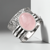Bague tournante tribale légère en laiton plaqué argent avec pierre précieuse ovale sertie à la main en quartz rose doux, pour hommes et femmes unisexe