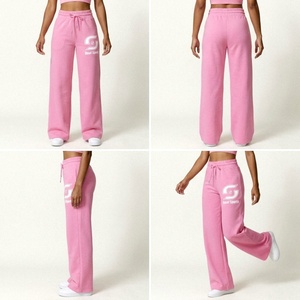 Pink Wide Leg Fleece Sweatpants Women High Waist Drawstring Loose Fit Casual Full Length Solid Color Embroidery Logo Sportwear - Product Image 2