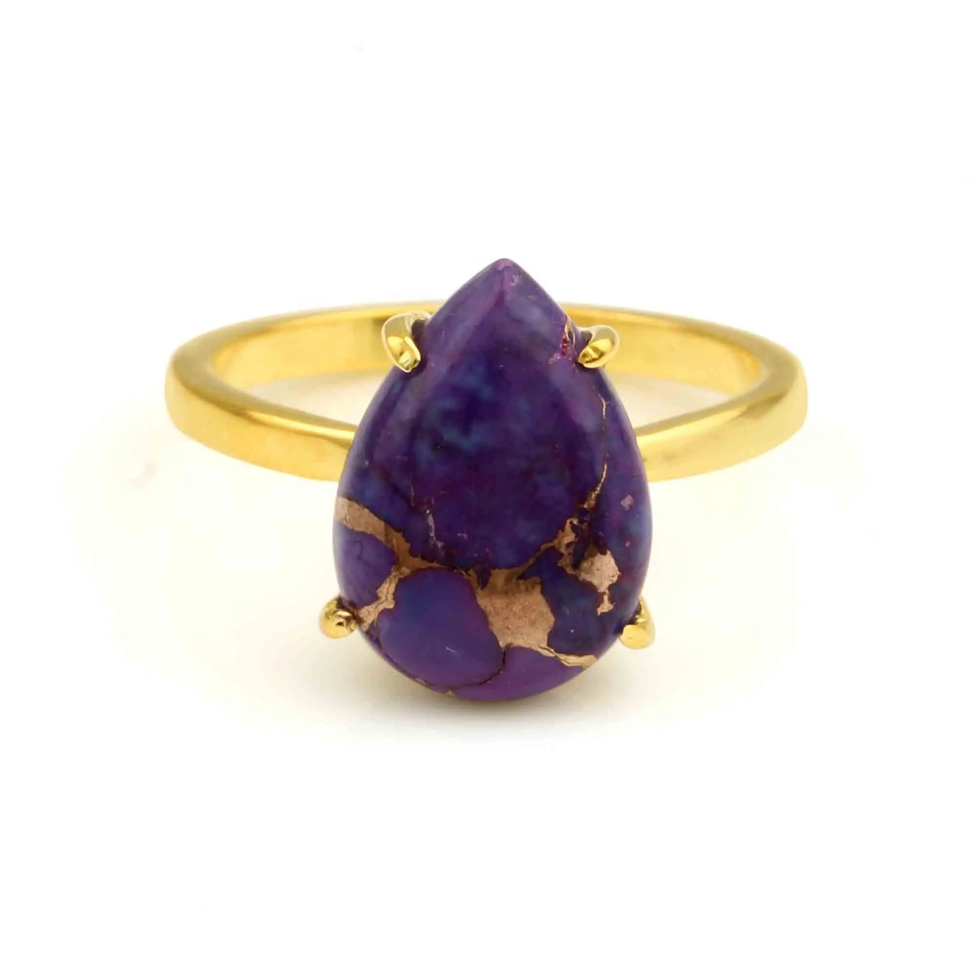 Custom Wholesale Gemstone Ring High Quality Jewelry Gold Plated Natural Purple Copper Turquoise Silver Pear Women Birthday Gift