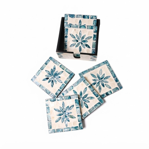 Juego de posavasos artesanales de nácar con incrustaciones de lapislázuli, posavasos redondos geométricos de mosaico de concha para mesa de café. - Product Image 4