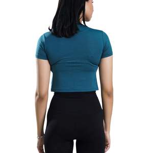 Camiseta Deportiva Corta Personalizada para Mujer, Color Azul Turquesa, Cuello Redondo, Manga Corta, Ajustada, Elástica, Transpirable, para Gimnasio, Entrenamiento, Running, Yoga - Product Image 3