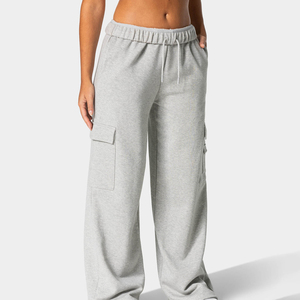 Pantalon cargo gris pour femme de haute qualité, coupe ample, taille à cordon, multi-poches, en molleton, style streetwear décontracté, vente en gros - Product Image 2