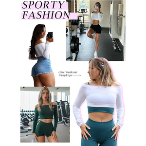 Women Off The Shoulder Long Sleeve <b>Crop</b> <b>Top</b> Solid Color <b>Red</b> Yoga Activewear Seamless Fit Regular Style Full Sleeve - Product Image 6