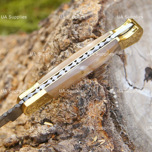 Damascus Steel Professional Folding Knife Hand Engraved Brass Bolster Resin Handle Pocket Hunting Knife OEM Supplier Private - Product Image 5