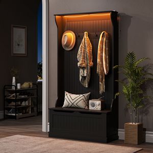 Panca da ingresso 3-in-1 con luci LED, appendiabiti e porta scarpe (5 ganci, nera) - Product Image 2