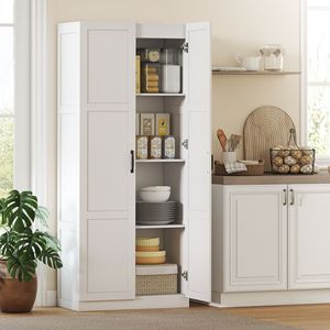 Farmhouse Style 71\" Tall <b>Kitchen</b> <b>Pantry</b> Storage Cabinet White with Adjustable Shelves Soft Close Hinges Made of Aluminum Wood - Product Image 2