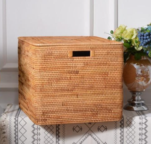 Home Decor Natural Rattan <b>Basket</b> with Handle Lid for Clothing <b>Toys</b> Books <b>Storage</b> Laundry <b>Basket</b> Home Hotel Organization Decor - Product Image 1