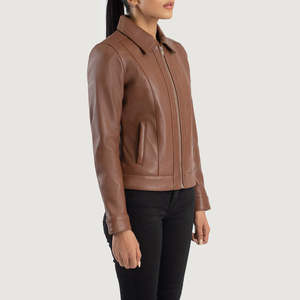Brown Classic Collar Sheep Leather Breathable Eco-Friendly Winter Women's Quilted <b>Biker</b> <b>Jacket</b> with Stand & Detachable Collar - Product Image 5
