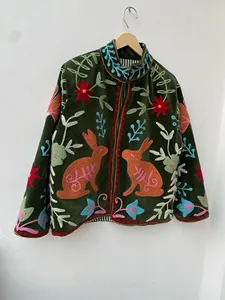 Bohemian Luxury Handmade Woodland Inspired <b>Velvet</b> <b>Jacket</b> with Floral Embroidery and Rabbit Artwork Full Sleeve Women's <b>Jacket</b> - Product Image 3