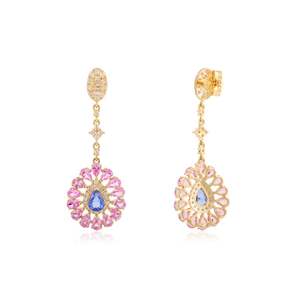 18K <b>Pink</b> and Blue <b>Sapphire</b> Floral Drop <b>Earrings</b> with Diamonds - Product Image 4