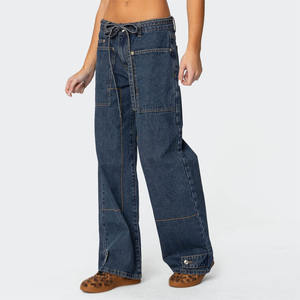 Jeans de Cintura Baja y Corte Holgado con Paneles en Contraste, Bolsillos Grandes, Cinturón de Lazo de Algodón, Jeans Holgados - Product Image 2