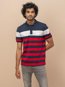 Camiseta de Punto a Rayas para Hombre, Manga Corta, Corte Regular, Diseño Casual con Bloques de Color Azul Marino, Rojo y Blanco - Product Image 3