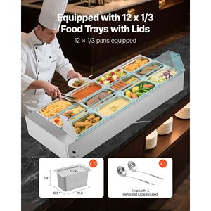 Calentador de Alimentos Eléctrico Comercial de Acero Inoxidable de 1700W, 12 Recipientes, Buffet de Mostrador, Baño María con Cubierta de Vidrio, Control Manual de Temperatura - Product Image 3