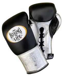 Gants de boxe No Boxing No Life Team, noirs et argentés, en cuir de vachette lacé, respirants, pour adultes, équipement d'entraînement, gants de boxe personnalisés - Product Image 1
