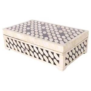 Handcrafted Bone Inlay <b>Black</b> White Geometric Storage <b>Box</b> Lockable Key Jewelry Organizer Keepsake Chest - Product Image 1