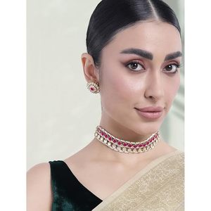 Parure de bijoux ethniques indiens pour femme, collier ras-du-cou et boucles d'oreilles longues, en laiton plaqué or, avec zircon et motif floral serti en canal, pour mariage - Product Image 4