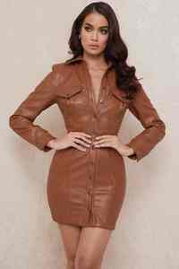 Vestido casual sin espalda estilo blazer para mujer, elegante ropa de otoño, vestido de manga larga, minivestido de cuero para discoteca - Product Image 4