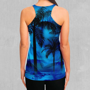 Camiseta sin mangas para mujer con estampado de palmeras azules, cuello redondo, tejido casual, transpirable, 100% poliéster, estampado por sublimación. - Product Image 2