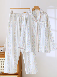 Women's <b>Animal</b> Printed Color Striped 100% Cotton Terry Double Layer Breathable Lightweight Plus Size Long Sleeve Pajama Set - Product Image 2