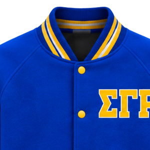 Chaqueta Universitaria Azul Rey con Rayas Blancas y Doradas, Gráfico de Letras Griegas 1922, Botones a Presión, Cuello Acanalado, Manga Larga, Estilo Letterman - Product Image 2