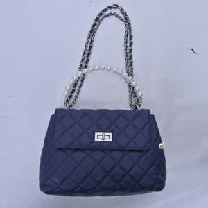 Sac à bandoulière en cuir PU matelassé bleu marine avec motif losanges, doublure en polyester, chaîne de perles, style féminin, fermeture à fermoir pour femme - Product Image 1