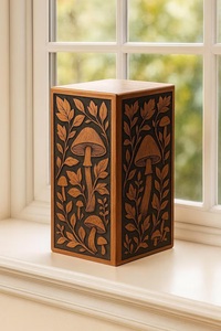 Urne funéraire en bois de style américain artisanale avec gravure de champignons et de feuilles |   Urne commémorative inspirée de la nature pour cendres - Product Image 4