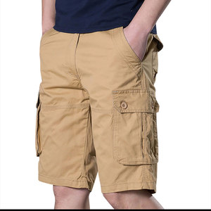 Men's Khaki Cargo Shorts Mid Waist Button Fly Solid Color Casual Bermuda Style With Multiple Pockets Canvas Fabric - Product Image 1